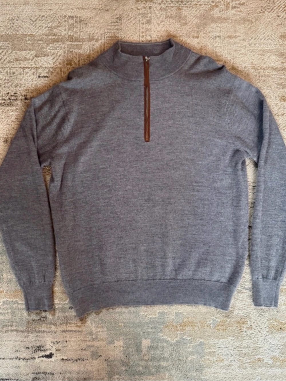 Peter Millar Crown Autumn Crest Suede Trim Quarter Zip Sweater Medium $248 Grey